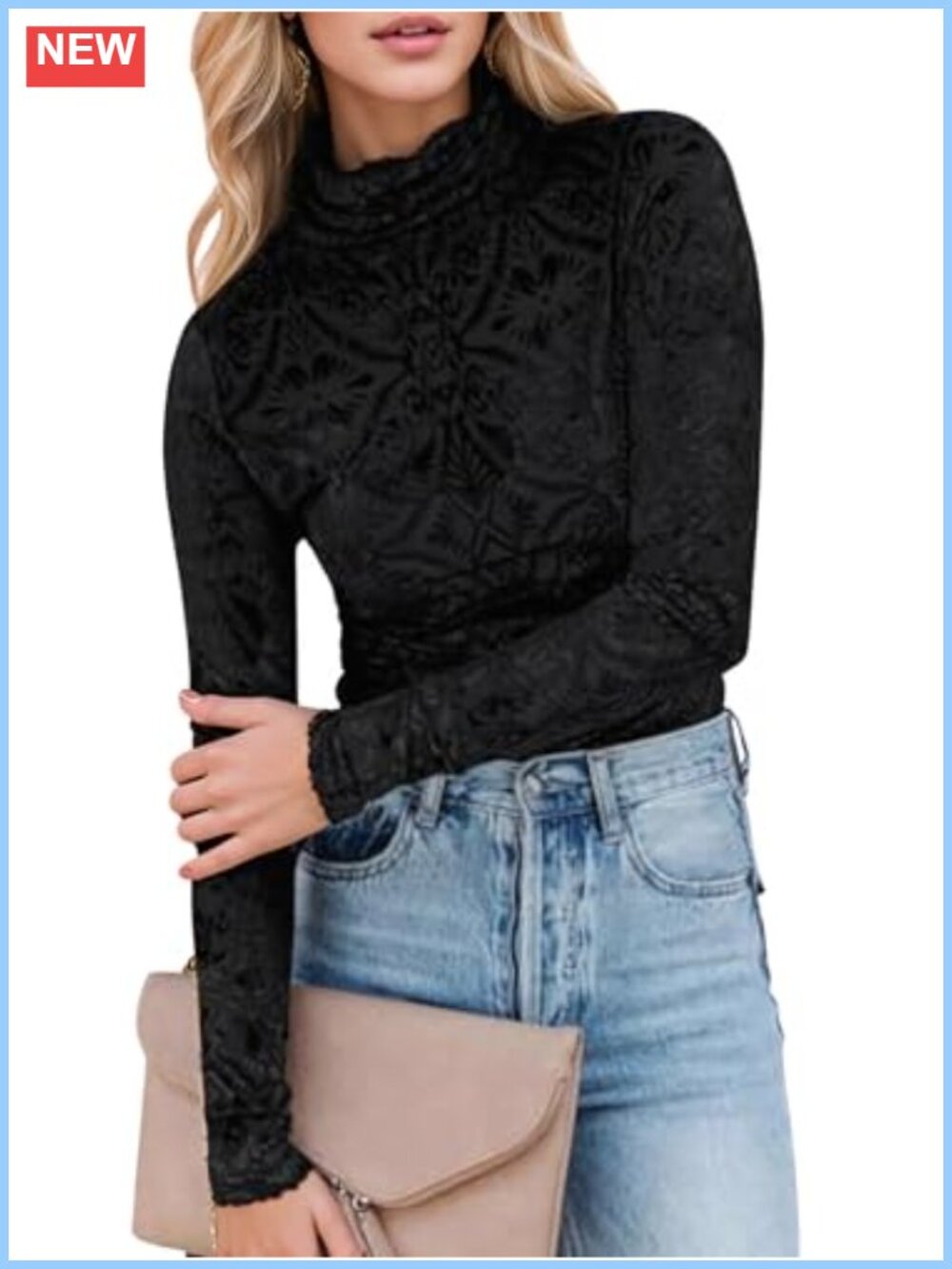 Velvet Burnout Mockneck Long Sleeve Slim Fit Semi Sheer Blouse Party Top